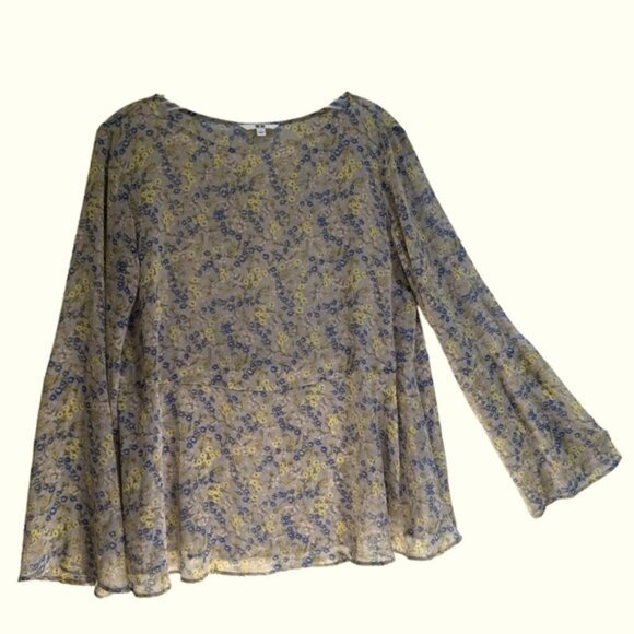 Uniqlo NEW Floral Lightweight Semi Sheer Bell Sleeve Flowy Blouse Top Peplum L - Picture 1 of 16